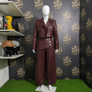 Ensemble de survêtement en cuir PU marron pour femme Twill Sports, manches longues, fermeture éclair sur le devant, coupe ample élégante pour l'automne - Product Image 2