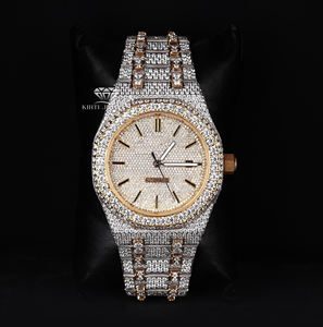 Reloj de Lujo para Hombre, Completamente Cubierto de Diamantes Moissanite, Esfera en Tono Amarillo, Dos Tonos, Estilo Hip Hop, Acero Inoxidable, Automático - Product Image 1