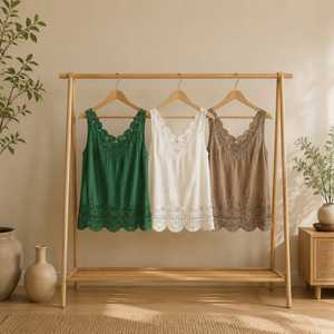 Conjunto de Pantalones Verdes de Color Sólido y Chaleco de Punto Transpirable con Cuello en V y Encaje sin Mangas para Mujer - Product Image 6