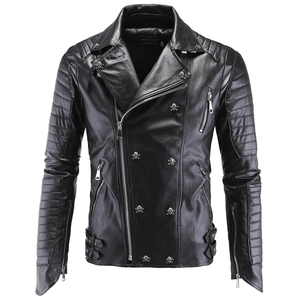 Men's Slim Fit Genuine Leather Canvas Motorcycle Jacket Skull Decorations Zipper Closure Stand <b>Thin</b> Waterproof Autumn Wear - Product Image 1