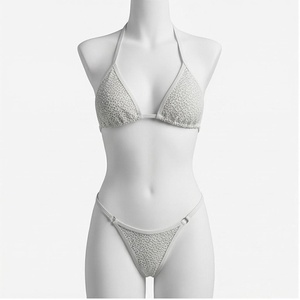 Women's Textured Halter Bikini Set With <b>Mesh</b> Detail And Thong Bottoms - Product Image 1