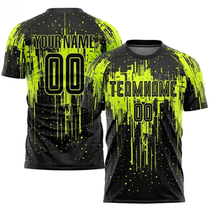 Maillot de football sublimé noir et vert citron pour homme, manches courtes, en polyester respirant, coupe athlétique, col ras du cou, pour adulte - Product Image 2