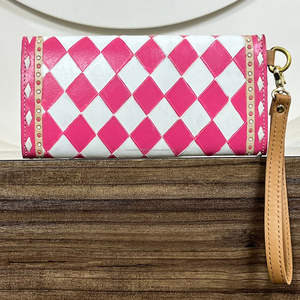 Nuevo Bolso de Mano de Cuero con Diseño Vintage a Cuadros Rosa y Blanco para Mujer, Cartera de Cuero Genuino con Tarjetero y Correa para la Muñeca - Product Image 5