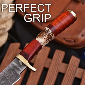 Cuchillo de caza Skinner de acero de Damasco al por mayor, hecho a mano, hoja fija, punta caída, mango de cuerno de ciervo y madera, 8 pulgadas, logotipo personalizado - Product Image 4
