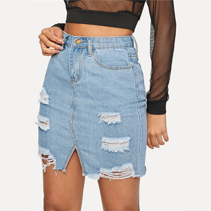 Summer Fashion Women Mini Skirts Ripped Frayed Denim Skirt Street Wear High Waist Pencil Skirt - Product Image 3