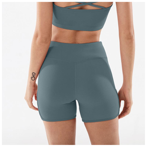 Shorts Deportivos Azul Marino de Cintura Alta con Botones y Detalle Cruzado Lateral, Lavados, para Entrenamiento Femenino - Product Image 3