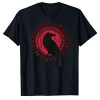 T-shirt noir pour homme avec motif corbeau viking rouge, impression runes nordiques, col rond décontracté, manches courtes, coupe classique, 100 % coton respirant