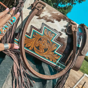 Western Cowhide Leather Tote Bag with Tooled Floral Panel & Turquoise Accent | Hair-On Leather Fringe Shoulder Bag for Women - Product Image 1