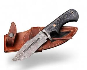Couteau de chasse et de camping industriel à lame fixe en acier Damas forgé à la main, avec étui, poignée en bois à prise ferme, OEM - Product Image 1