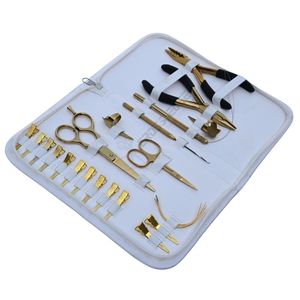 Kit d'outils professionnels pour extensions capillaires en or avec pinces à micro-anneaux, aiguilles à crochet et aiguilles à coudre courbées, et protège-doigts - Product Image 1