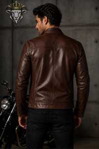 Veste en cuir véritable marron pour homme, col montant, fermeture éclair, style motard, coupe ajustée, pour l'hiver, réversible, imperméable - Product Image 4