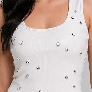 Affordable price Wholesales White Regular Tank <b>tops</b> Solid Square Neck Sleeveless Knitted Women's Breathable Tank <b>Top</b> Short BD - Product Image 3