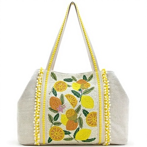 Handmade Fruit Embroidered Beaded Tote Bag Women Floral <b>Canvas</b> Shoulder Summer <b>Beach</b> Bag - Product Image 1