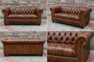 Canapé Chesterfield classique vintage marron en cuir écologique, deux places, en forme de L, avec dossier capitonné, accoudoirs roulés, garniture cloutée, structure en bois - Product Image 6