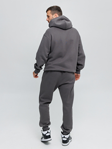 Grey <b>Oversized</b> Hoodie & <b>Jogger</b> Set. Fleece Two Piece Sweatsuit. Custom Logo Streetwear Tracksuit. Private Label Manufacturer - Product Image 6