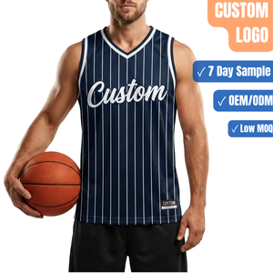 Maillot de basketball personnalisé à rayures fines, bleu marine, col en V, sans manches, pour équipe, vente en gros, fabricant - Product Image 1