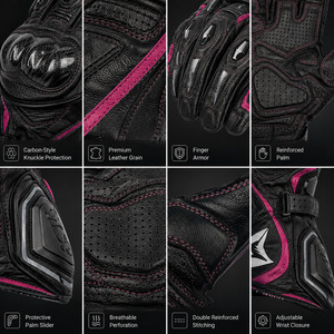 Gants de course en cuir noirs et roses à doigts entiers avec protection des articulations en fibre de carbone, respirants et à sangle de poignet réglable pour la conduite - Product Image 5