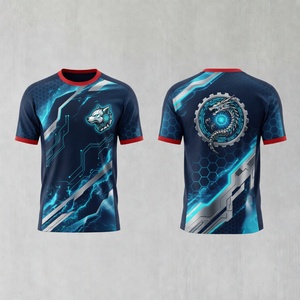 Camiseta Deportiva de Manga Corta para Hombre, de Poliéster, con Estampado por Sublimación, Diseño Geométrico, Ajuste Ceñido, con Detalles en Azul y Rojo - Product Image 1