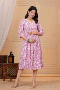 Pink Floral Print Cotton Three Quarter Sleeve V-Neck Fit Flare Midi <b>Dress</b> with <b>Elastic</b> Waist Pleated Detail Casual Daily Wear - Product Image 3