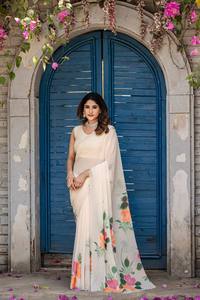 Sari en Faux Georgette à Imprimé Floral avec Dupatta en Crêpe, Robe Traditionnelle pour Femme pour Mariage, Fête et Occasions Festives - Product Image 6