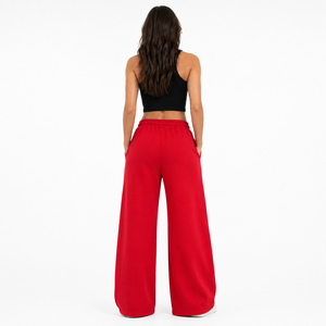 Pantalon de survêtement en molleton rouge pour femme, coupe large, taille haute, couleur unie, décontracté, longueur intégrale, avec poches et taille élastique - Product Image 5