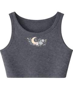 <b>Women</b> Ribbed Crop Tank Top And Drawstring <b>Shorts</b> Set Charcoal <b>Grey</b> Moon Floral Zodiac Embroidery Casual Lounge Two Piece Outfit - Product Image 3