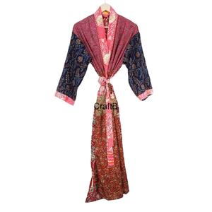 Robe longue bohème en patchwork de sari en soie 100% faite à la main pour femmes, col en V, cordon de serrage, manches longues, douce, automne été - Product Image 1