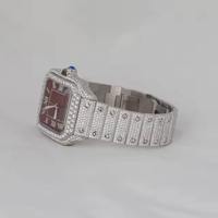 Jam Tangan Mewah Unisex Stainless Steel Berlian Moissanite Casing Persegi Dial Merah Angka Romawi Analog-Digital Penggunaan Sehari-hari