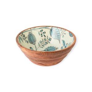 Decorative Wooden <b>Bowl</b> with Blue Lattice <b>Enamel</b> Interior and Matching Wooden Spoons for Elegant Serving Style Classic - Product Image 4