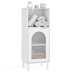Mobiletto da Bagno in MDF Bianco con Anta Ondulata in Vetro Temperato, Ripiano Regolabile, Organizer Laterale e Dettagli in Metallo e Legno - Product Image 2