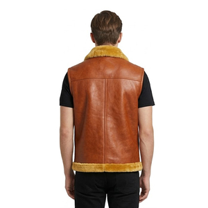 Gilet en cuir véritable pour homme de qualité supérieure avec col et ourlet en fourrure, fermeture éclair, vêtement d'extérieur décontracté pour l'hiver, respirant - Product Image 2