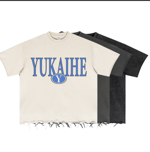 T-shirt en coton vieilli personnalisé 310G, décontracté, à manches courtes, effet délavé, streetwear, avec logo pour homme - Product Image 1