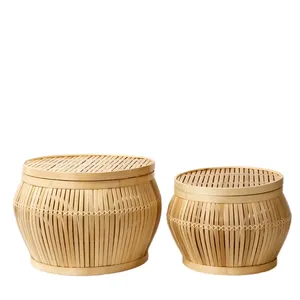 Panier en bambou naturel avec couvercle, contenants de rangement ronds, organisateur de cuisine tissé, articles ménagers de grande taille, boîte de décoration intérieure - Product Image 4