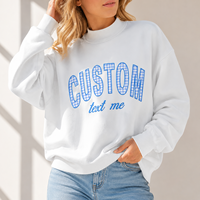 Kadın Beyaz Büyük Beden Bisiklet Yaka Sweatshirt Özel Harf Baskılı Mavi Gingham Desenli %100 Pamuk Sonbaharlık