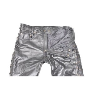 Pantalon de moto pour homme en PU noir, taille haute, coupe droite, fermeture à lacets, décoration à rivets, vêtements d'hiver - Product Image 3