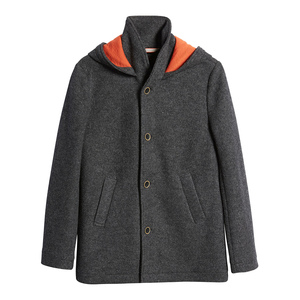 <b>Men's</b> Wool Blend Hooded Overcoat Stand Collar Single Breasted Regular Length Warm Winter Outerwear With Orange Lining - Product Image 1