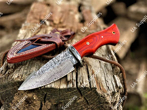 Cuchillo táctico de hoja fija de acero de Damasco hecho a mano, superventas, para caza y camping, con mango de madera Pakka y bisel OEM - Product Image 5