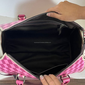 Women Checkered Pattern Speedy Bag Large Travel Handbag Hand <b>Tooled</b> <b>Leather</b> Stylish Everyday Fashion Crossbody Purse Duffel Bags - Product Image 6