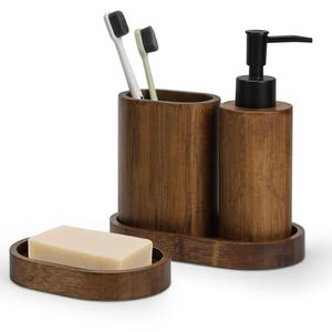 Natural Finish Wooden Bathroom Set For Hotel Home Resort Vanity Counter With Soap Dispenser And <b>Toothbrush</b> <b>Holder</b> - Product Image 3