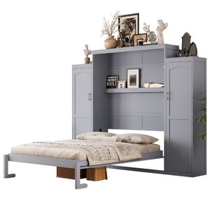 Queen Size Wooden Murphy <b>Bed</b> <b>with</b> 2 Wardrobe <b>Storage</b> Shelf Multifunctional Foldable <b>Platform</b> Bedframe - Product Image 4