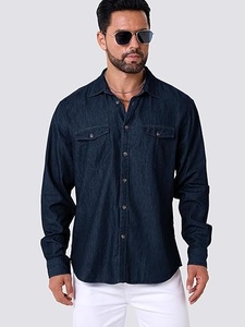 Chemise boutonnée en coton bleu foncé pour hommes, manches longues, couleur unie, coupe régulière avec poches, haut décontracté toutes saisons - Product Image 3