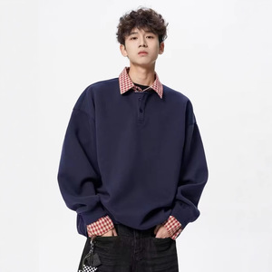 Men's Oversized <b>Navy</b> Blue Pullover Sweatshirt With Plaid Collar And Cuffs Casual <b>Knitted</b> Long Sleeve Winter Wear Sweatshirt - Product Image 1