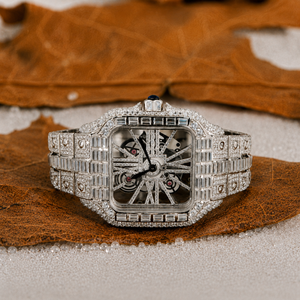 Luxury Iced Skeleton Square Alloy Stainless Steel Mens Quartz <b>Wristwatch</b> Full Diamond Baguette Bracelet Sapphire Crystal 10 Bar - Product Image 1