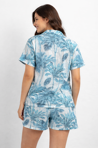 Ensemble de pyjama en coton pour femmes, imprimé palmiers bleus, chemise à manches courtes, vêtements de détente d'été, ensemble fait main - Product Image 5