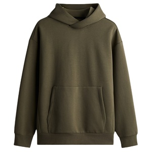 Men's Olive Green Hooded Sweatshirt Oversized Fit Regular Sleeve Solid Color Casual Autumn Cotton French Terry Pocket Design - Product Image 3