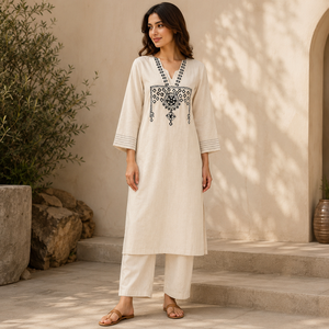 Premium <b>Ladies</b> Cotton Look Embroidered Kurti Pant Set Beige Straight <b>Kurta</b> Co Ord Set Wholesale - Product Image 1