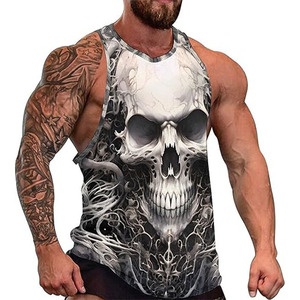 Men's Eco-Friendly Gothic <b>Skull</b> Sublimation Print Breathable Polyester Spandex Sleeveless O-Neck Knitted Tank <b>Top</b> for Workout - Product Image 1