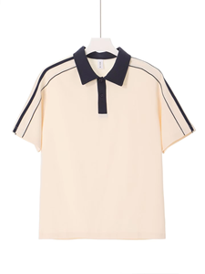 เสื้อโปโลสีครีมสำหรับผู้ชาย คอปกสีกรมท่า ลายทาง แขนสั้น ผ้าทอออกซ์ฟอร์ดแบบลำลอง ระบายอากาศได้ดี - Product Image 1