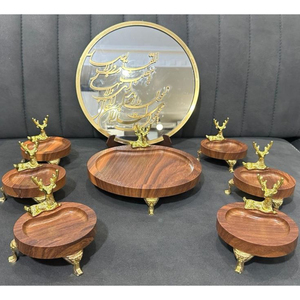 Handmade Wooden Serving Round Shape Bowl <b>Trays</b> With Gold Deer Legs Oriental Design For Gifting And Food Items Serving Supplies - Product Image 1