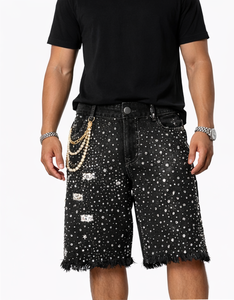Shorts en jean délavé uni pour homme avec strass, taille haute élastique, style urbain, idéal pour l'été - Product Image 1